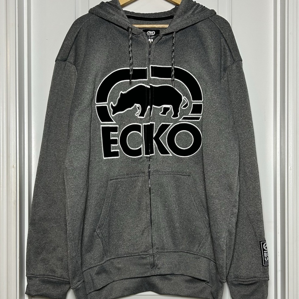 Ecko Unltd Gray Black White Rhino Logo Grahic Print Full Zip Drawstring Hoodie